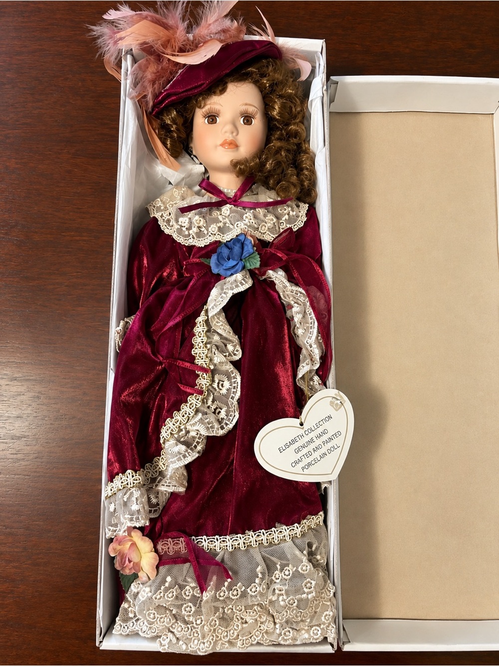 Victorian-Style Burgundy Velvet Porcelain Doll with Lace Trim